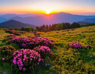 A breathtaking mountaintop meadow ablaze with vibrant pink rhododendrons under a stunning sunset.