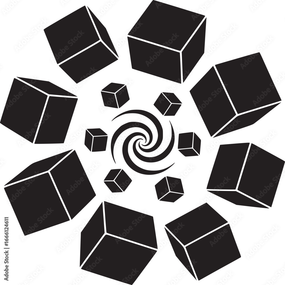 Poster dynamic swirling vortex with geometric cubes offers a modern abstract design element for bold creati
