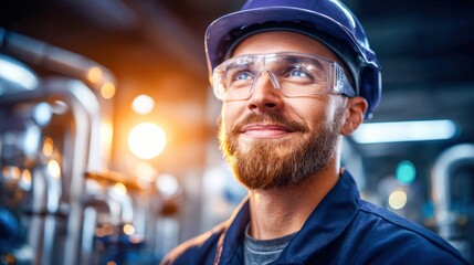 A happy engineer with a beard is wearing a hard hat and safety glasses in a factory.