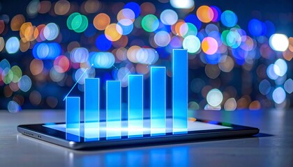 A digital tablet projects a holographic bar graph rising in height—evoking data growth, futuristic insight, and the luminous choreography of technological transformation.