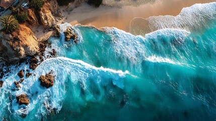 Aerial view of a serene tropical beach with turquoise waters, gentle waves, and a vast sandy shore, ideal for summer marketing. Plenty of space for copy and personalized messages.