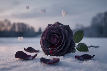 A solitary, large black rose with a drop of red on a petal, lying on a snowy surface with floating heart-shaped snowflakes and fallen petals