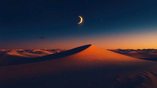 Cinematic desert dunes at night with crescent moon and sand ripples under orange sunset glow, evoking a mystical and serene atmosphere