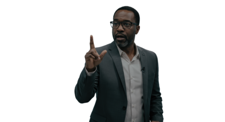 Confident diverse professional, 30s-40s, in business attire, gesturing powerfully, articulating a breakthrough idea in a modern corporate interior with subtle bokeh & cyan accent light, strategic