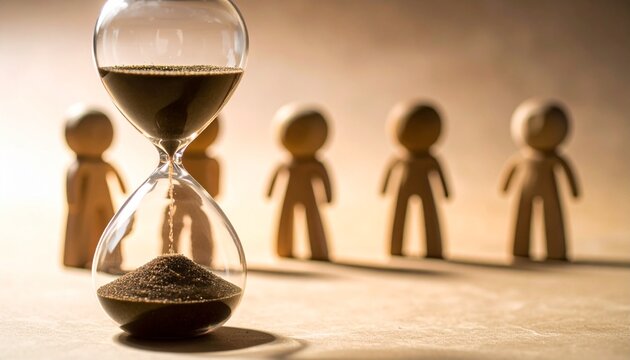 Two hourglasses mark shifting sands as silhouetted figures stand in sunset light—evoking time’s passage, generational continuity, and the quiet choreography of memory and togetherness.