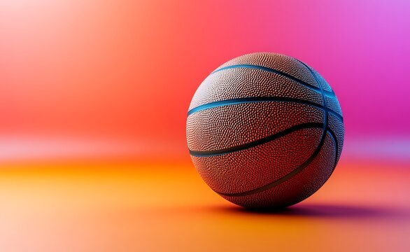 Close up of a textured brown basketball with blue lines on a gradient background sport