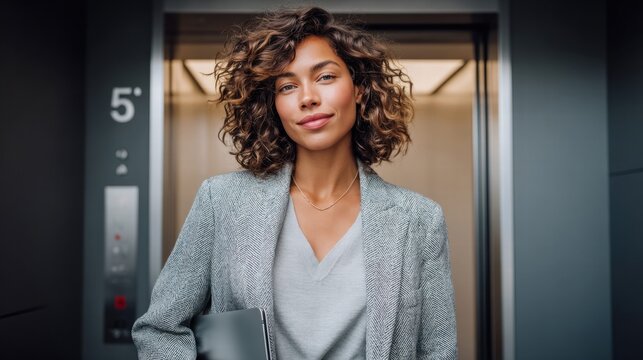 Confident businesswoman in a blazer smiling in an elevator
