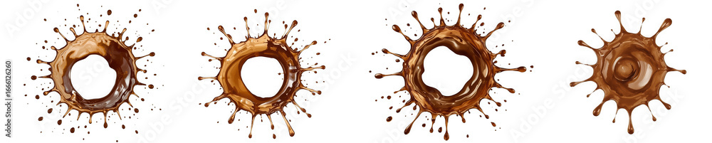 Poster four chocolate splashes in different shapes and sizes isolated on transparent background for design 