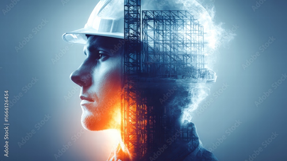 Poster this image features a construction worker's portrait with an overlay of a building structure.
