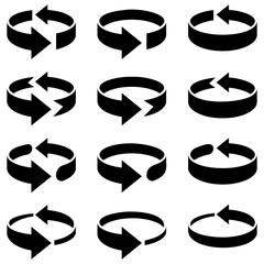 様々な形の立体的で3Dの回転型矢印のベクターイラストのアイコンセット