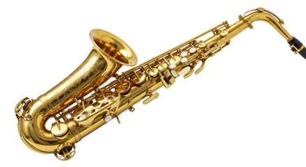 A single, gleaming golden alto saxophone with intricate details, elegantly positioned against a transparent studio background with soft diffused lighting. Concept of musical artistry and luxury