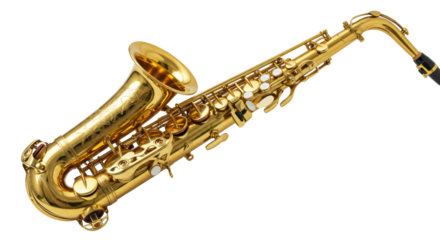 A single, gleaming golden alto saxophone with intricate details, elegantly positioned against a transparent studio background with soft diffused lighting. Concept of musical artistry and luxury