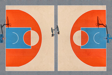 Aerial view of a vibrant basketball court featuring bold orange and blue hues with two figures standing at center court, Kharkiv, Kharkiv Oblast, Ukraine.