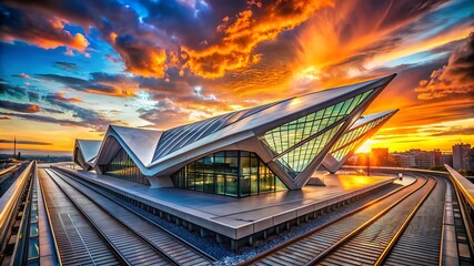 Futuristic train station architecture with dramatic colorful sky at dusk or dawn