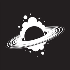 Stunning minimal design of a black planet with white rings against a stark black background, modern