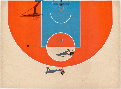 Aerial view of the vibrant orange, blue, and beige basketball court where long shadows stretch from the hoops and the players below, Kharkiv, Kharkiv Oblast, Ukraine.