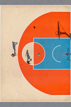 Aerial view of a basketball court with players casting long shadows on the vibrant orange and blue surface, Kharkiv, Kharkiv Oblast, Ukraine.