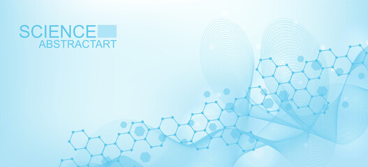 Health care or medical abstract background with hexagons, lines and dots. Scientific innovation banner template concept. Biology and pharmaceutical technology background. illustration.