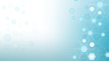 Health care or medical abstract background with hexagons, lines and dots. Scientific innovation banner template concept. Biology and pharmaceutical technology background. Vector illustration.