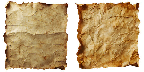Aged vintage parchment paper texture with a worn and weathered look isolated on a transparent background