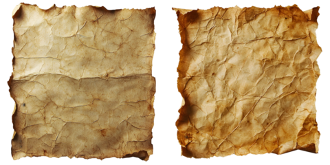 Aged vintage parchment paper texture with a worn and weathered look isolated on a transparent background