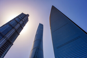 Looking up at Skyscrapers in Shanghai China