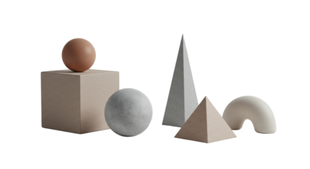 Minimalist composition of smooth abstract matte cube, sphere, pyramid, and organic rock forms in muted neutrals on a transparent studio background, high-angle view, concept of strategic planning