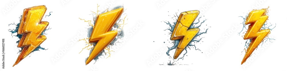 Poster Four golden lightning bolts isolated on transparent background, each with a unique splatter effect, creating a dynamic and energetic composition
