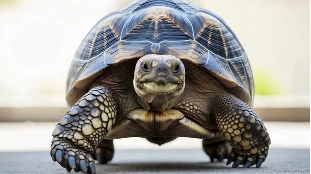 Captivating close-up of a tortoise slowly advancing, its textured shell and ancient eyes conveying a sense of resilience and gentle movement through life.