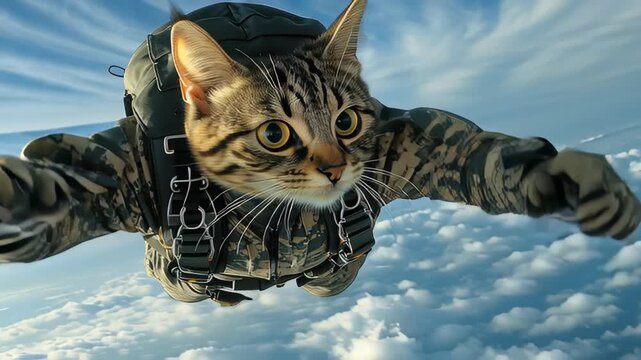 Amazing tabby cat with wide eyes freefalling in a camouflage uniform, parachuting through the vast blue sky, high above fluffy white clouds, an incredible adventure.