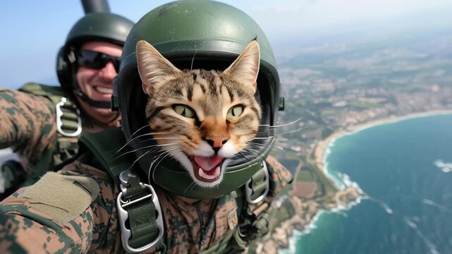Brave tabby cat and person enjoy a thrilling freefall high above the blue ocean. Extreme adventure with a smiling human and a calm feline face.