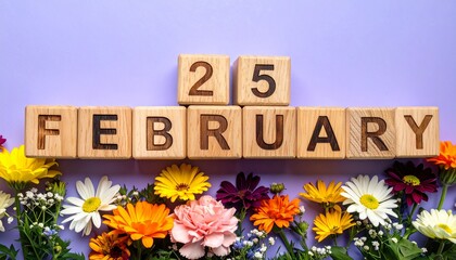 Wooden Blocks with Date 25 February. Floral Calendar – Vibrant Flowers on Solid Colored Background