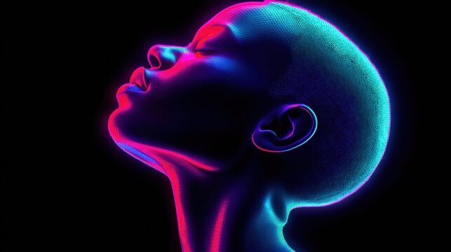 A captivating neon portrait showcases a face illuminated in vibrant blue and pink hues against a black background.