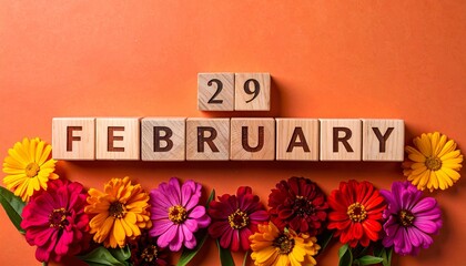 Wooden Blocks with Date 29 February. Floral Calendar – Vibrant Flowers on Solid Colored Background