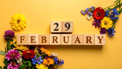 Wooden Blocks with Date 29 February. Floral Calendar – Vibrant Flowers on Solid Colored Background