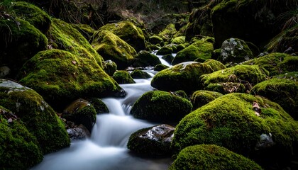 Mountain stream with mossy rocks
