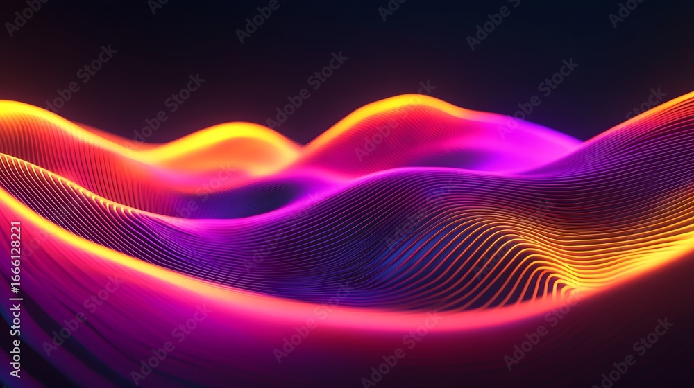 Poster a dynamic display of vibrant, glowing, wavy lines, creating a mesmerizing abstract design.