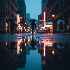 Obraz premium People umbrellas rainy late evening city landscape