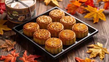 Fototapeta premium Five intricately patterned mooncakes rest on a rustic tray, framed by autumn leaves—evoking tradition, craftsmanship, and the quiet warmth of Mid-Autumn Festival remembrance.