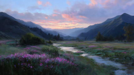 Sunset over a serene valley with blooming flowers and gentle river in the mountains