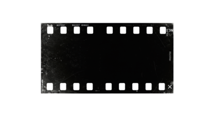 A single, black distressed film frame border with grunge texture and perforations, isolated on a transparent studio background with copy space, vintage authenticity concept