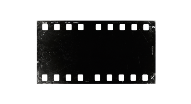 A single, black distressed film frame border with grunge texture and perforations, isolated on a transparent studio background with copy space, vintage authenticity concept