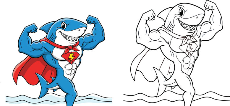 Muscular superhero shark with a cape flexing its biceps. Strong cartoon character for comics. Vector illustration and coloring page.