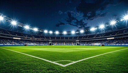 Fototapeta premium An empty, brightly lit soccer stadium at night with vivid green turf and dramatic floodlights—evoking anticipation, collective memory, and the choreography of national pride before rupture.