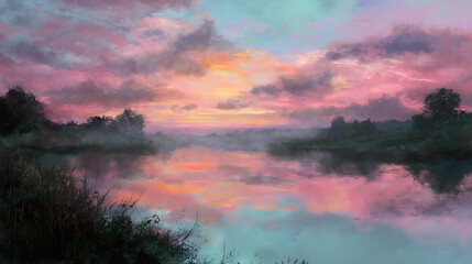 Obraz premium Vibrant sunset reflects on a tranquil river surrounded by lush trees in the early evening