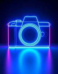 Neon camera graphic on dark background