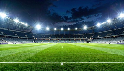 Obraz premium An empty, brightly lit soccer stadium at night with vivid green turf and dramatic floodlights—evoking anticipation, collective memory, and the choreography of national pride before rupture.