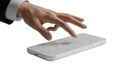 Professional hand in shirt cuff poised over sleek, futuristic smart device on a clean, light-colored surface with soft studio light. Concept of intuitive technology