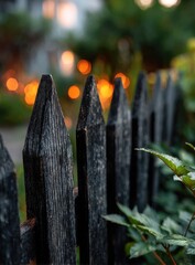 Dark wooden picket fence, out of focus background lights