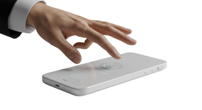 Professional hand in shirt cuff poised over sleek, futuristic smart device on a clean, light-colored surface with soft studio light. Concept of intuitive technology